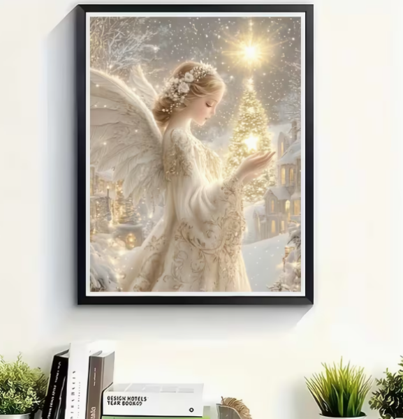 Diamond Painting Engel im Schnee mit goldenen